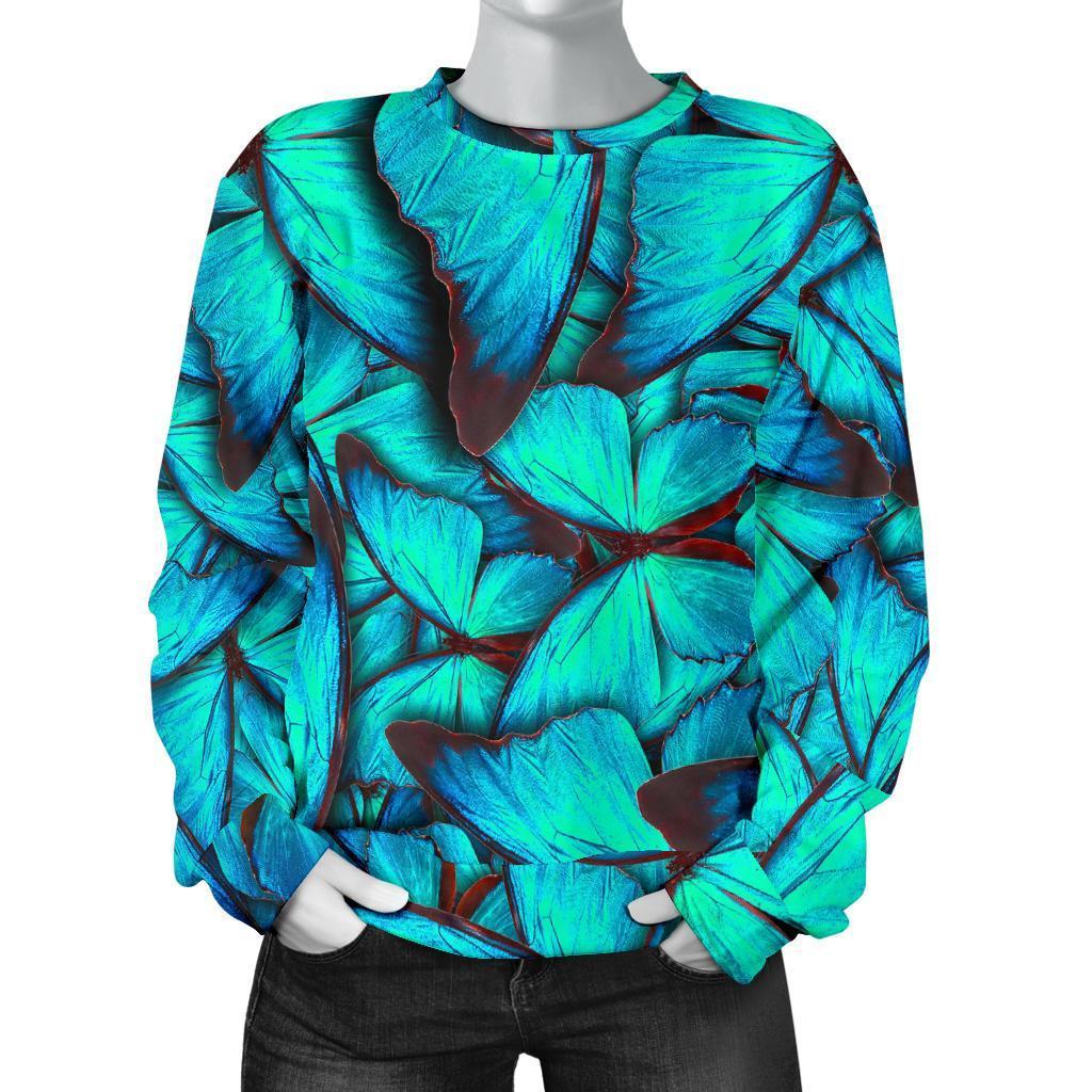 Turquoise Butterfly Pattern Print Women's Crewneck Sweatshirt GearFrost