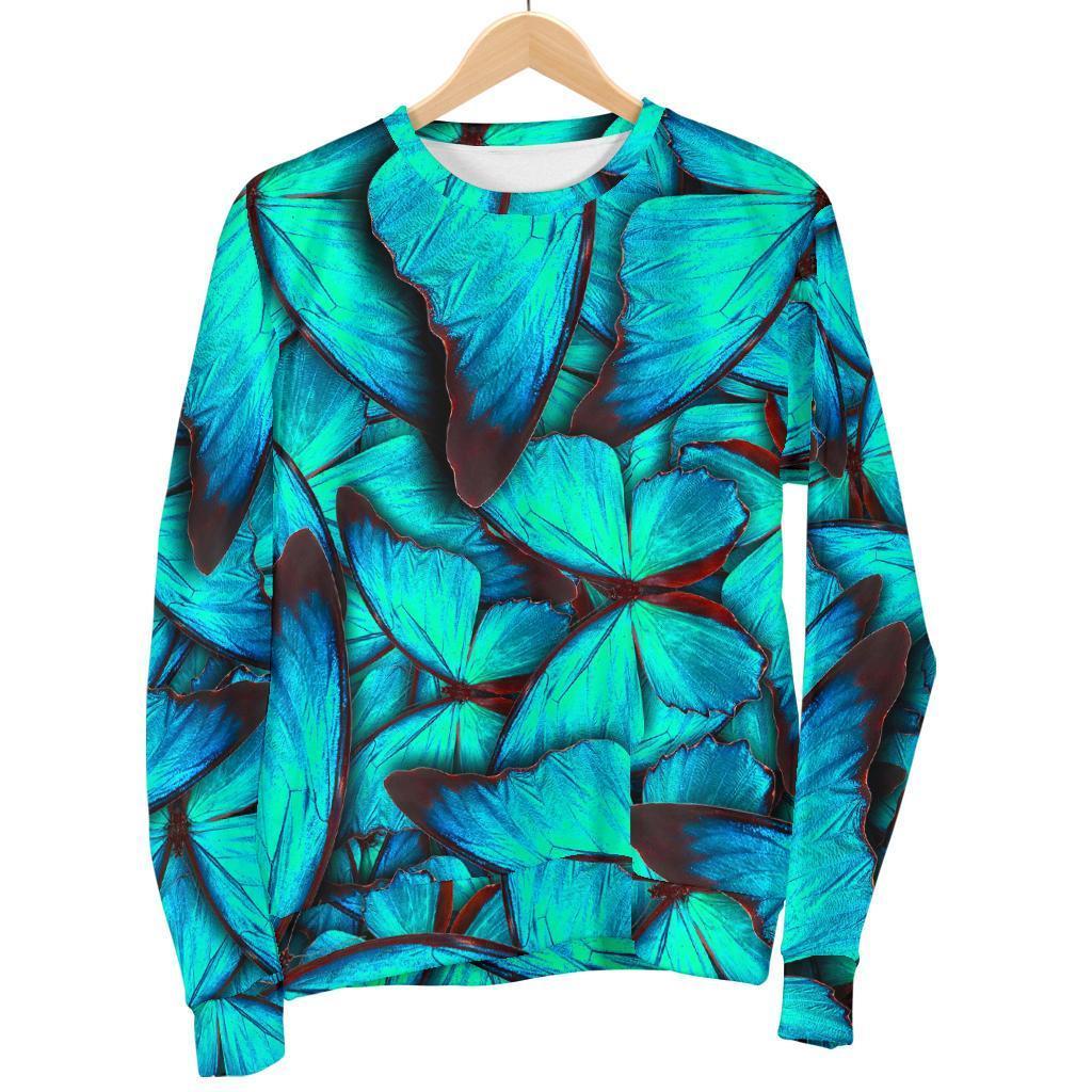 Turquoise Butterfly Pattern Print Women's Crewneck Sweatshirt GearFrost