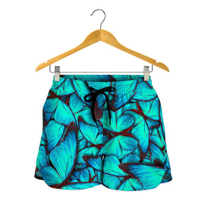 Turquoise Butterfly Pattern Print Women's Shorts