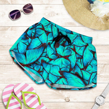 Turquoise Butterfly Pattern Print Women's Shorts