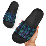 Turquoise Dragon Scales Pattern Print Black Slide Sandals