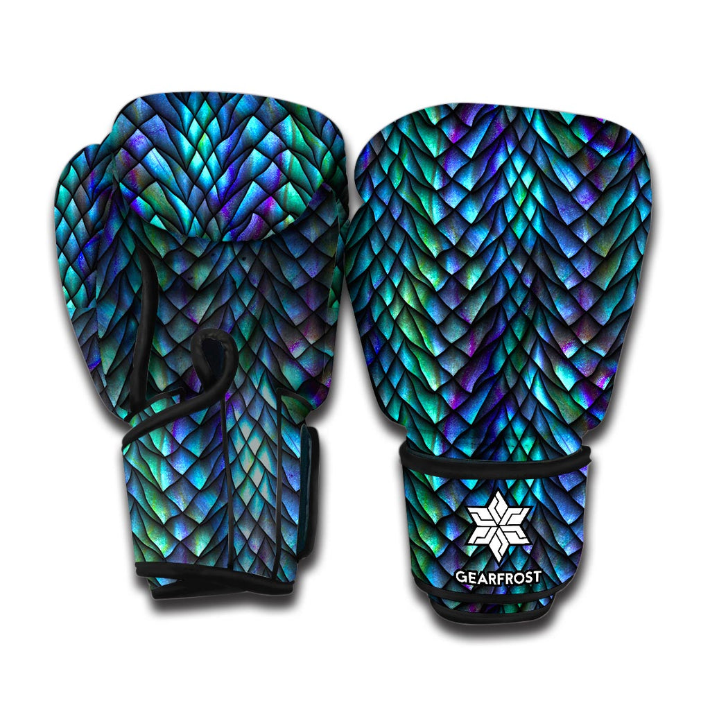 Turquoise Dragon Scales Pattern Print Boxing Gloves