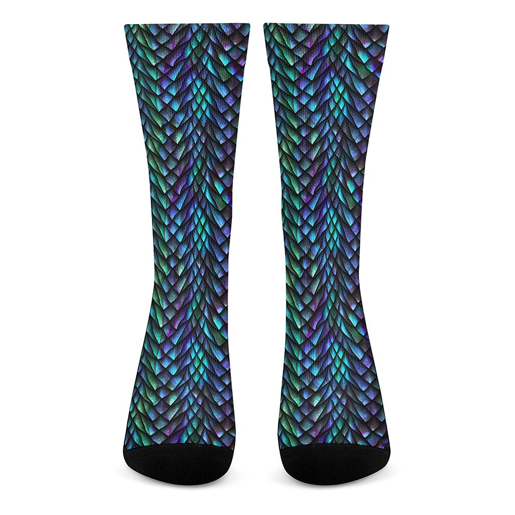 Turquoise Dragon Scales Pattern Print Crew Socks