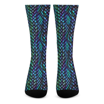 Turquoise Dragon Scales Pattern Print Crew Socks