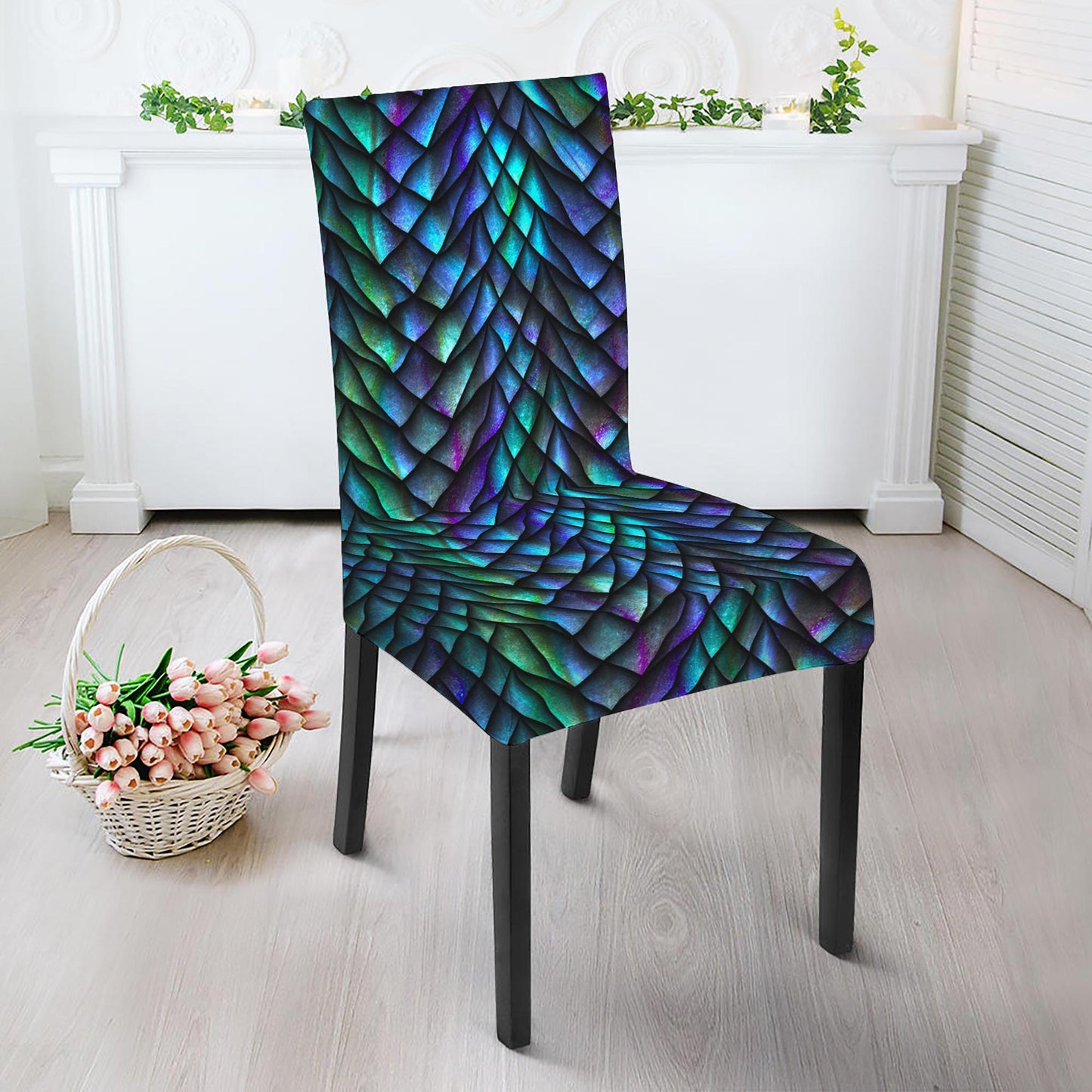 Turquoise Dragon Scales Pattern Print Dining Chair Slipcover