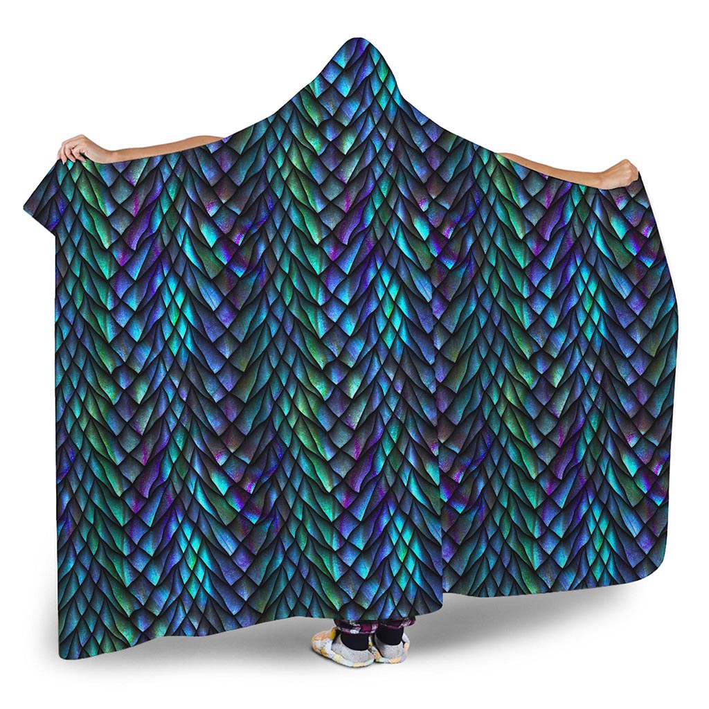 Turquoise Dragon Scales Pattern Print Hooded Blanket