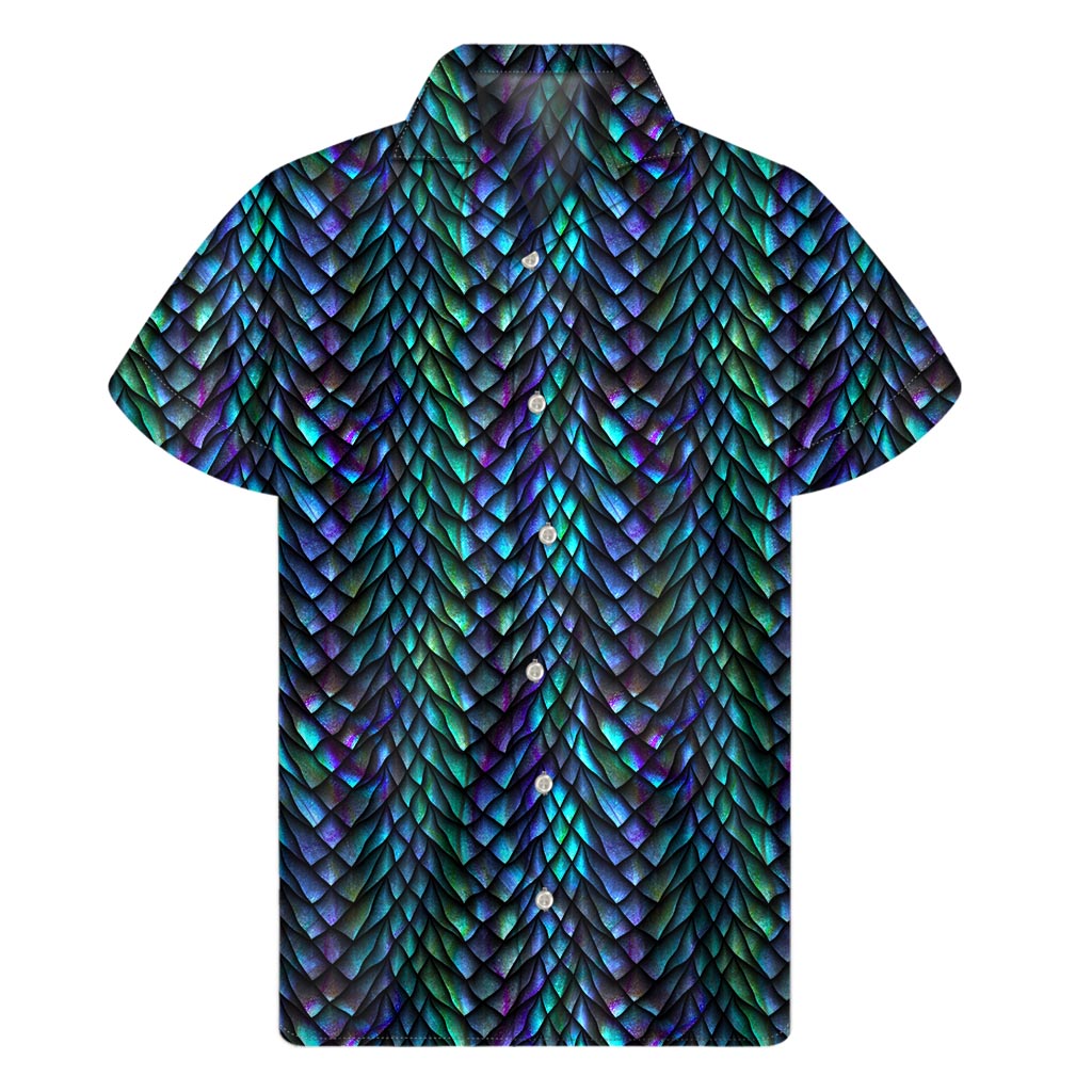Turquoise Dragon Scales Pattern Print Men's Short Sleeve Shirt