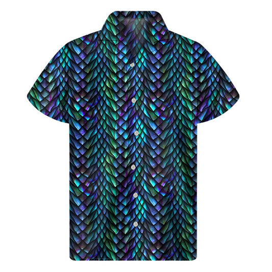 Turquoise Dragon Scales Pattern Print Men's Short Sleeve Shirt