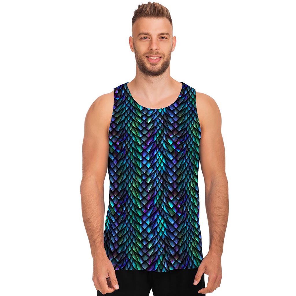 Turquoise Dragon Scales Pattern Print Men's Tank Top