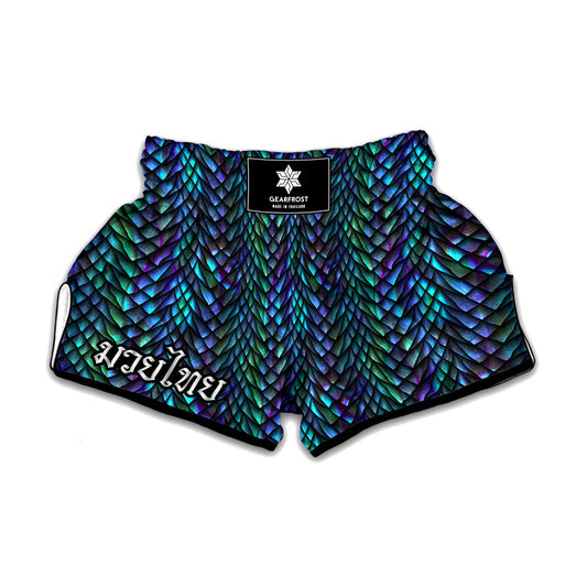 Turquoise Dragon Scales Pattern Print Muay Thai Boxing Shorts
