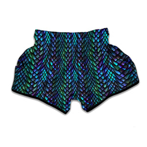 Turquoise Dragon Scales Pattern Print Muay Thai Boxing Shorts