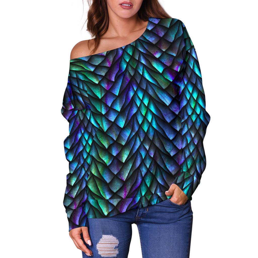 Turquoise Dragon Scales Pattern Print Off Shoulder Sweatshirt GearFrost