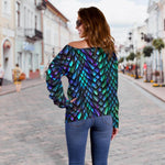 Turquoise Dragon Scales Pattern Print Off Shoulder Sweatshirt GearFrost