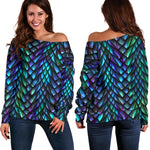 Turquoise Dragon Scales Pattern Print Off Shoulder Sweatshirt GearFrost