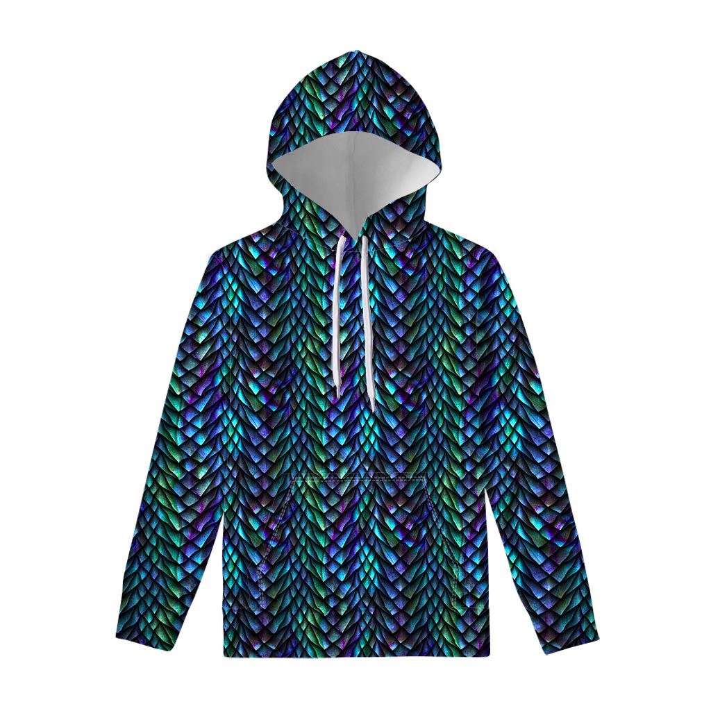 Turquoise Dragon Scales Pattern Print Pullover Hoodie