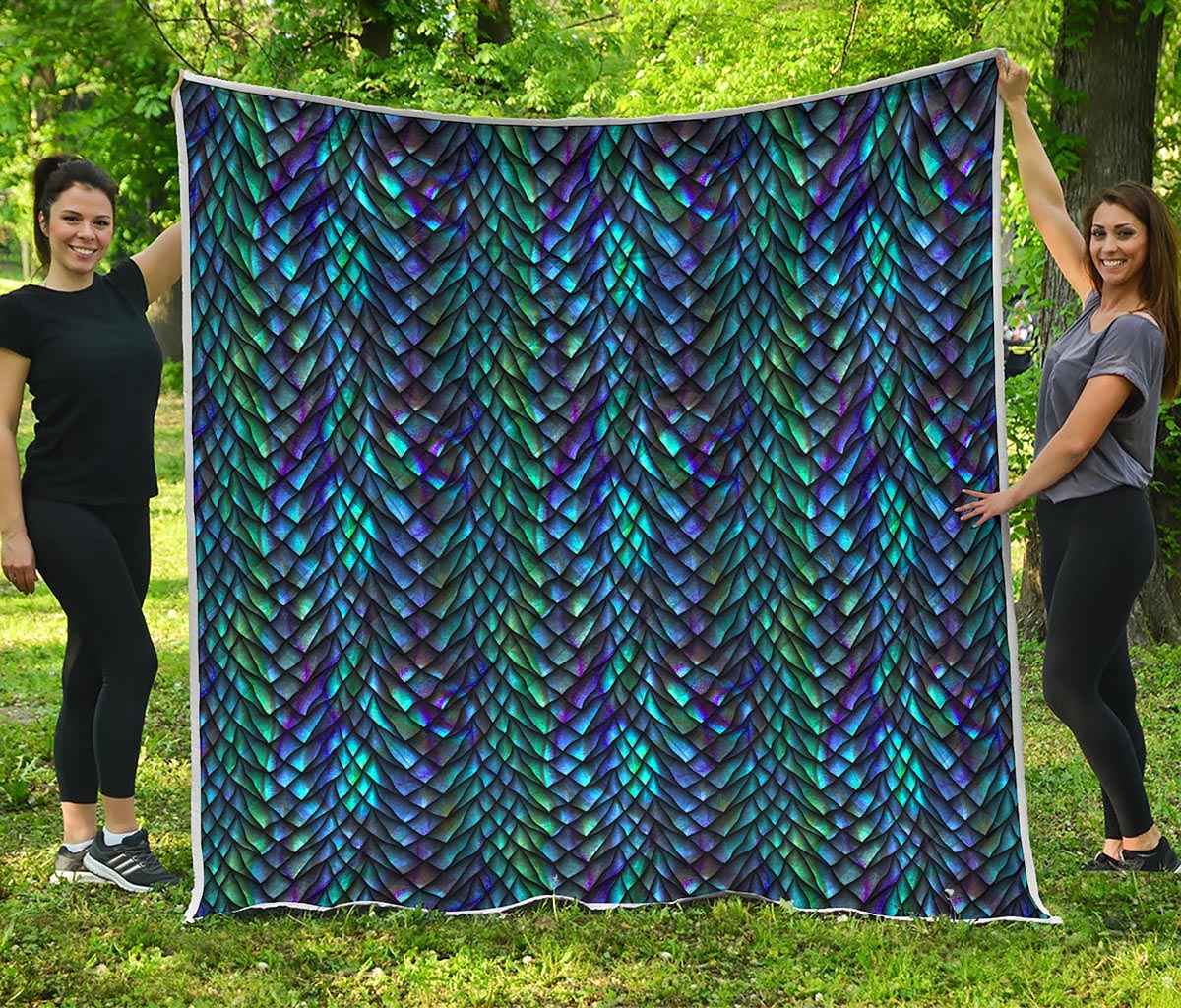 Turquoise Dragon Scales Pattern Print Quilt