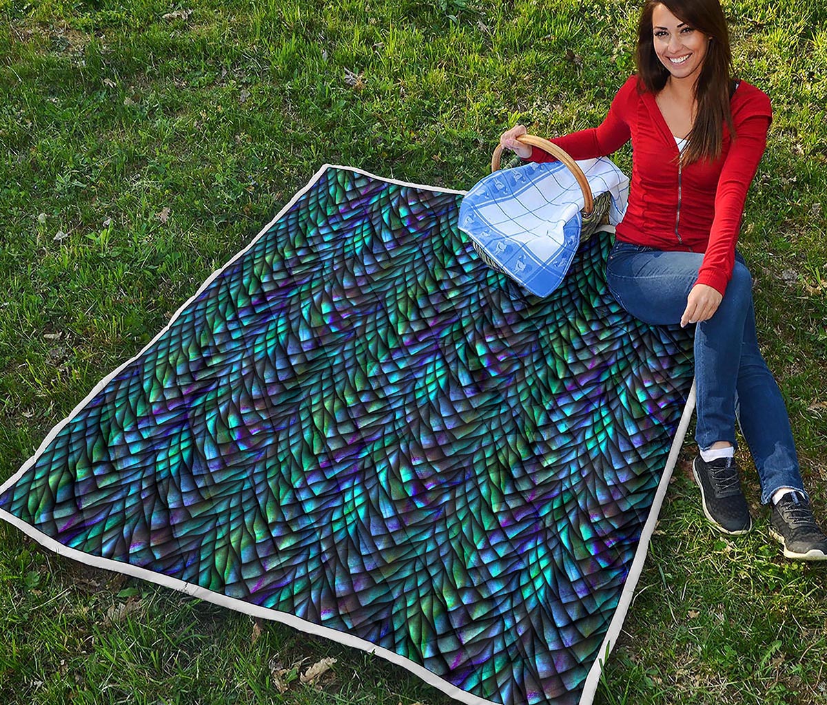 Turquoise Dragon Scales Pattern Print Quilt