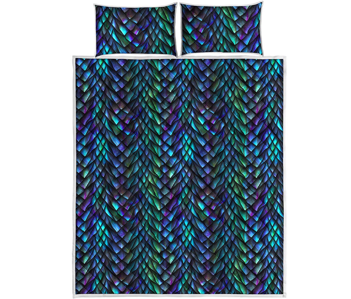Turquoise Dragon Scales Pattern Print Quilt Bed Set