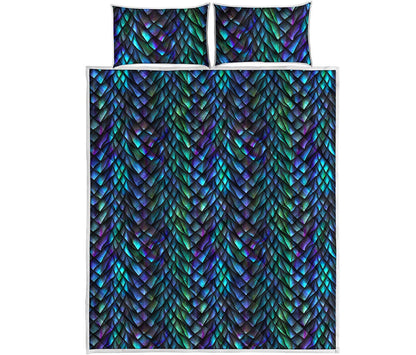 Turquoise Dragon Scales Pattern Print Quilt Bed Set