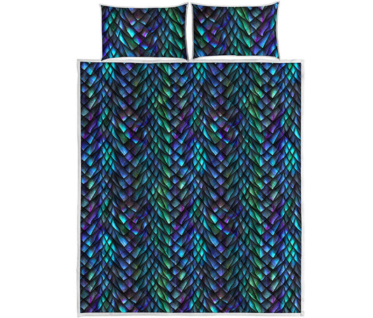Turquoise Dragon Scales Pattern Print Quilt Bed Set