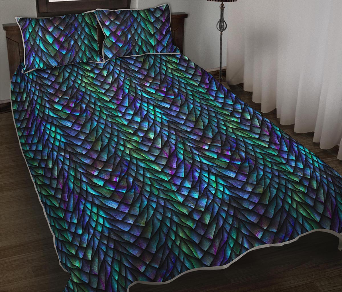 Turquoise Dragon Scales Pattern Print Quilt Bed Set