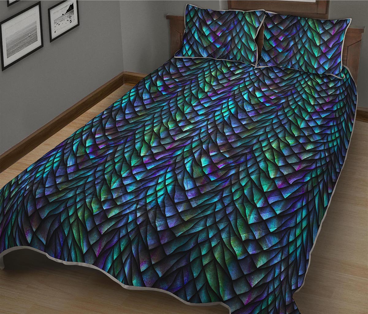 Turquoise Dragon Scales Pattern Print Quilt Bed Set
