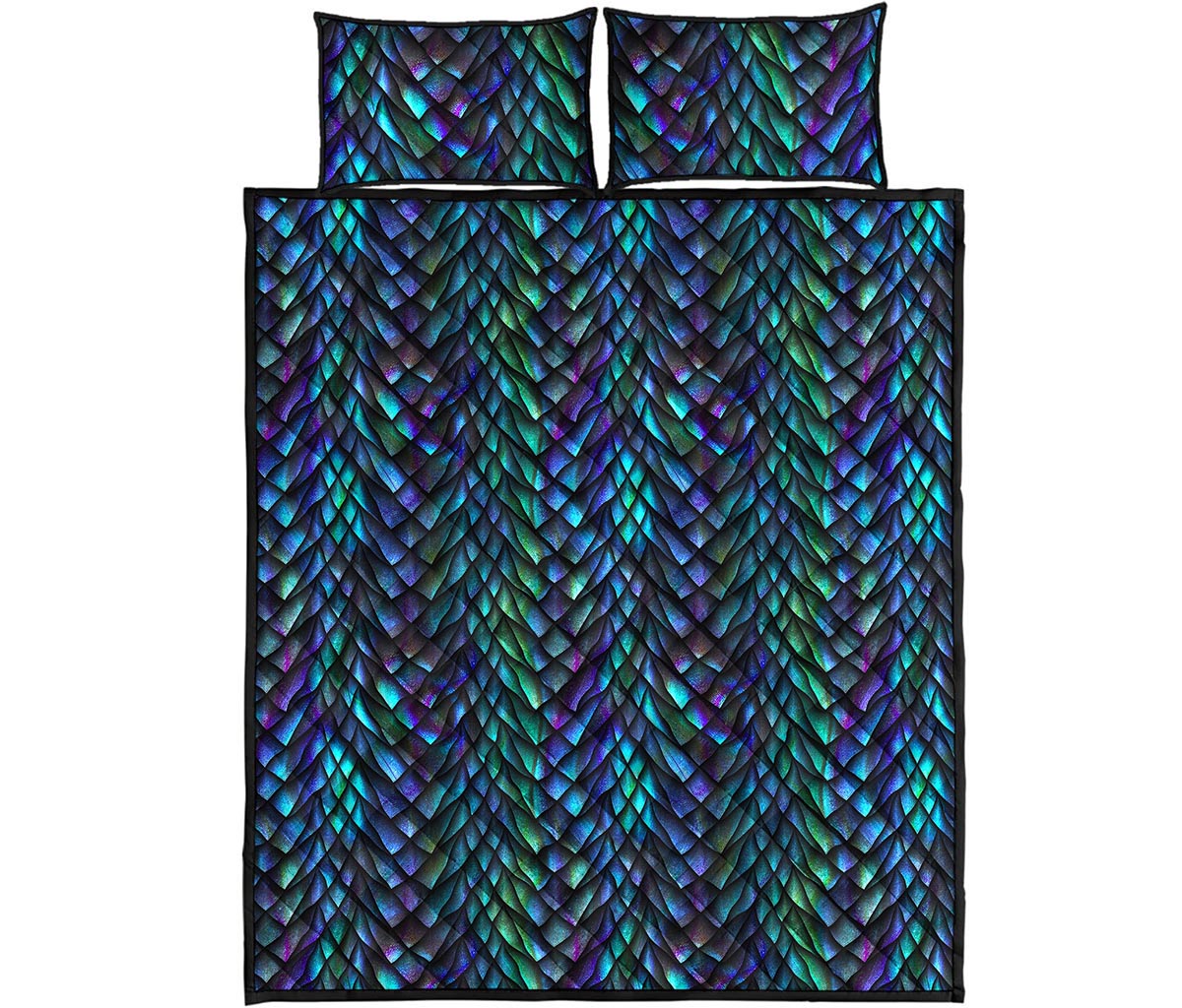 Turquoise Dragon Scales Pattern Print Quilt Bed Set