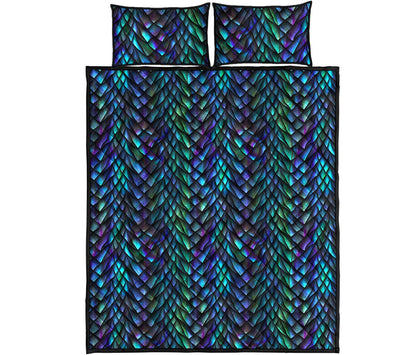 Turquoise Dragon Scales Pattern Print Quilt Bed Set