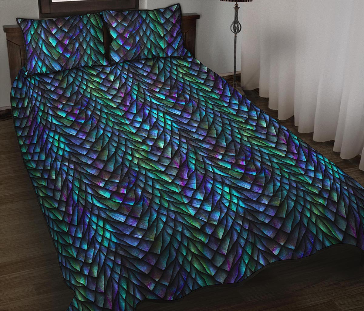 Turquoise Dragon Scales Pattern Print Quilt Bed Set