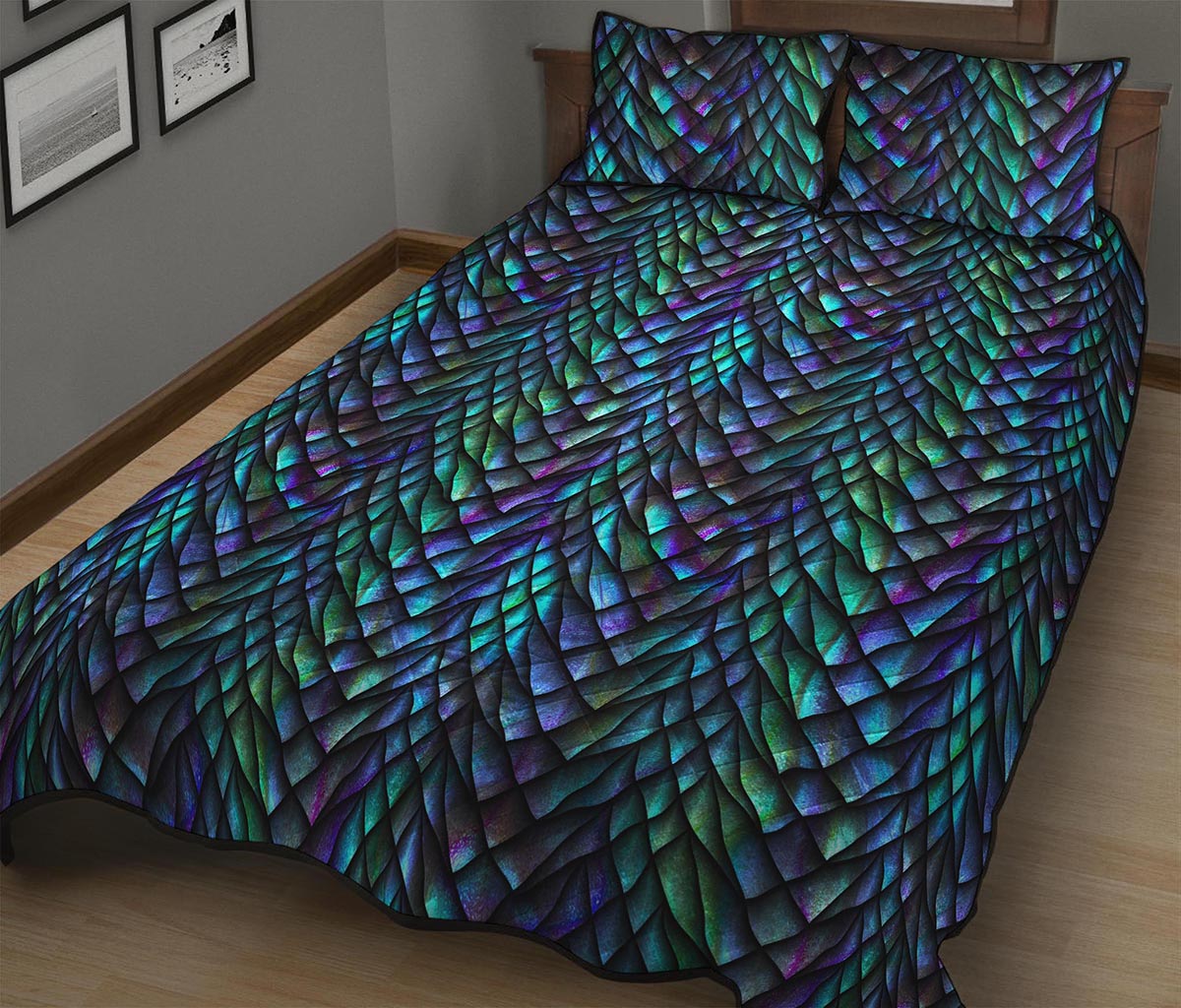 Turquoise Dragon Scales Pattern Print Quilt Bed Set