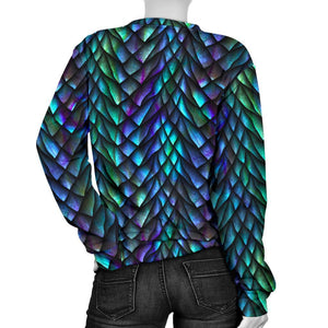 Turquoise Dragon Scales Pattern Print Women's Crewneck Sweatshirt GearFrost