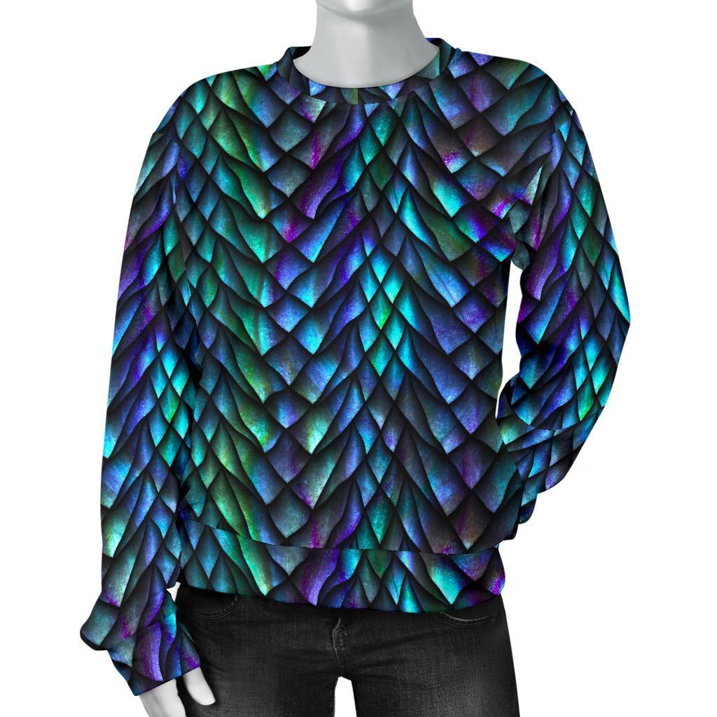 Turquoise Dragon Scales Pattern Print Women's Crewneck Sweatshirt GearFrost