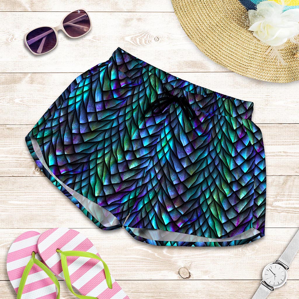 Turquoise Dragon Scales Pattern Print Women's Shorts