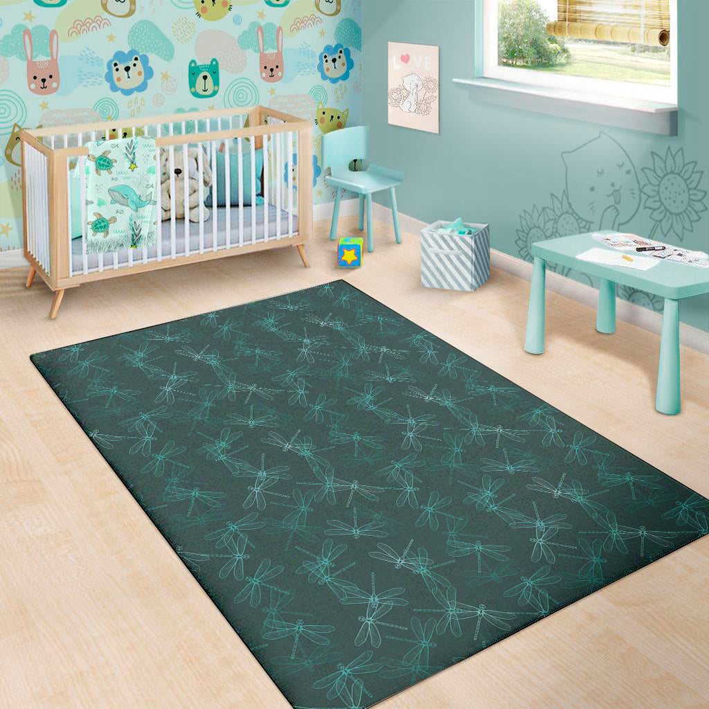 Turquoise Dragonfly Pattern Print Area Rug