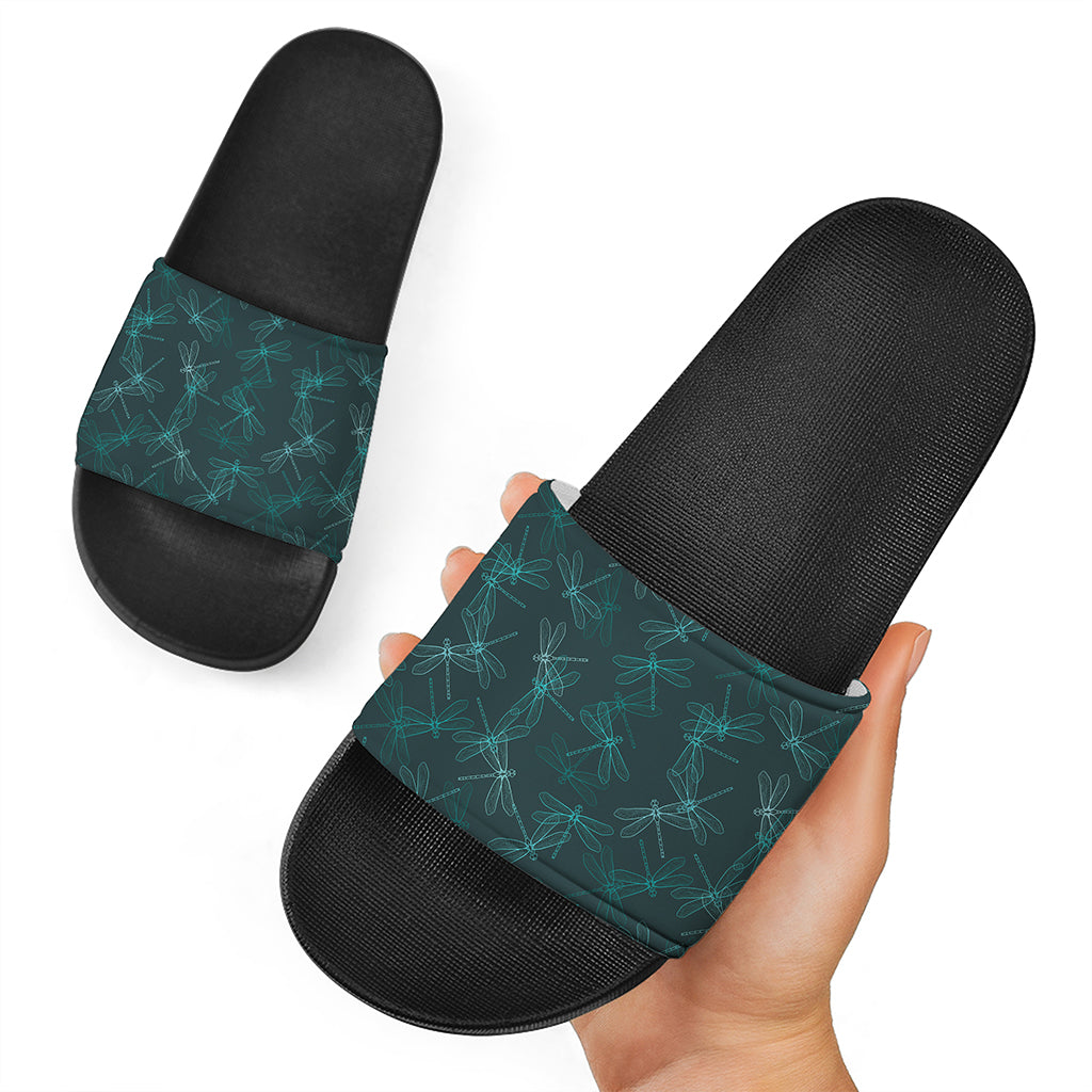 Turquoise Dragonfly Pattern Print Black Slide Sandals