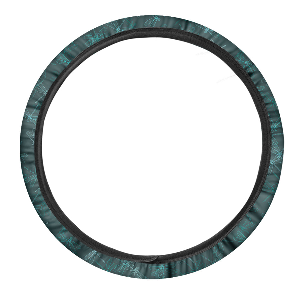 Turquoise Dragonfly Pattern Print Car Steering Wheel Cover