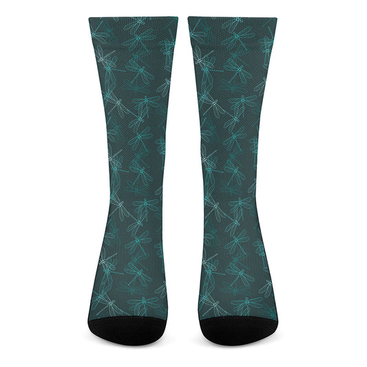 Turquoise Dragonfly Pattern Print Crew Socks