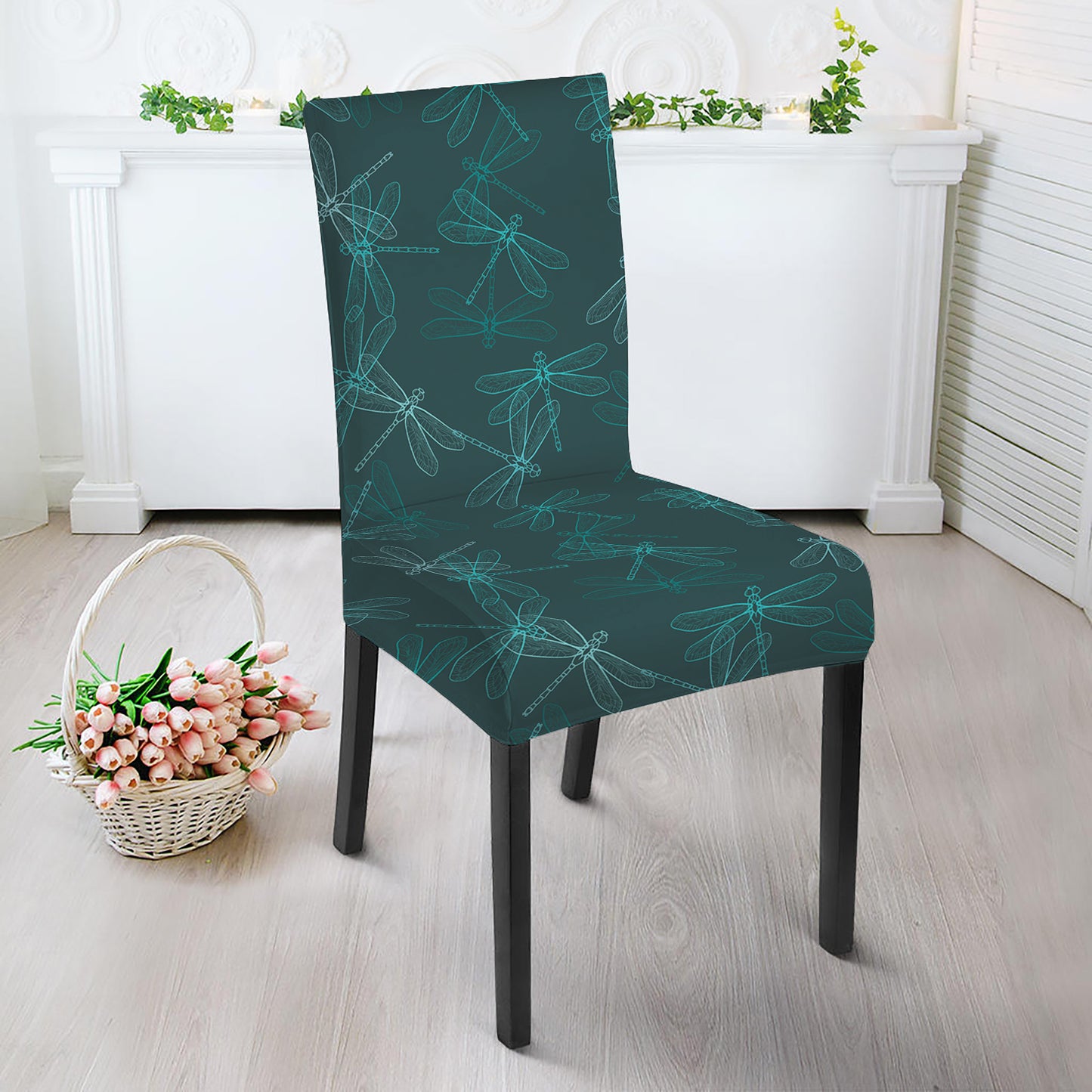 Turquoise Dragonfly Pattern Print Dining Chair Slipcover