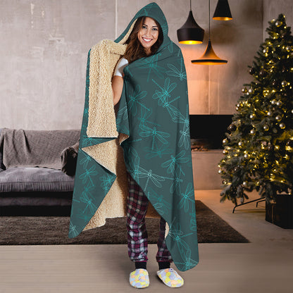 Turquoise Dragonfly Pattern Print Hooded Blanket