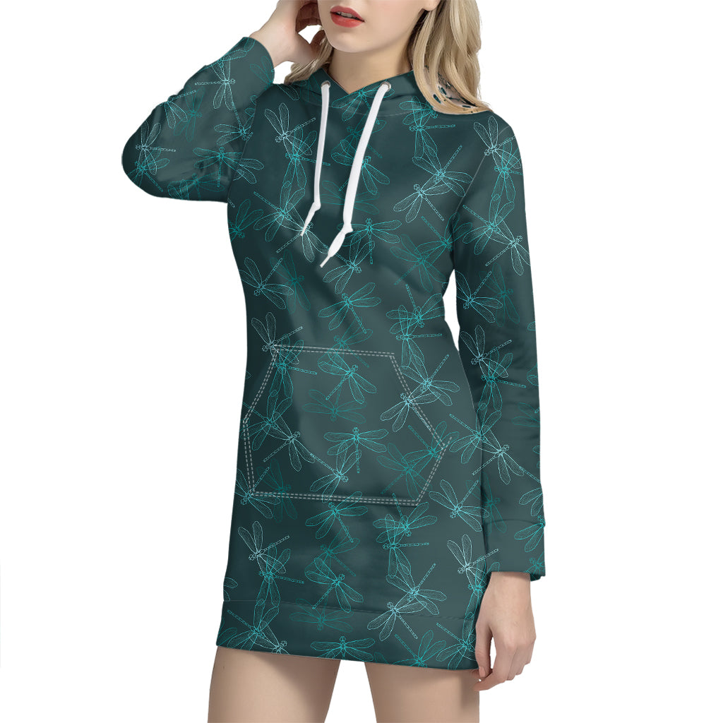Turquoise Dragonfly Pattern Print Hoodie Dress