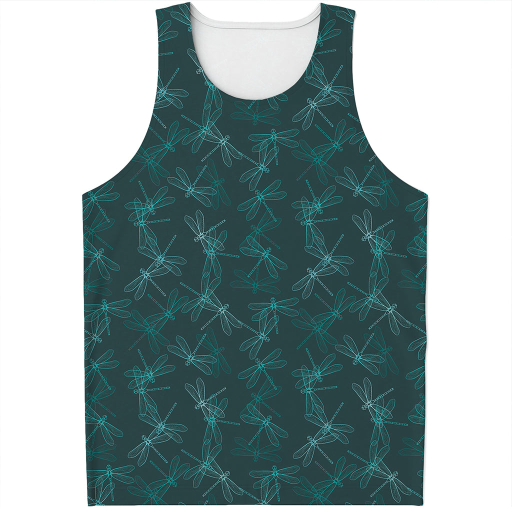 Turquoise Dragonfly Pattern Print Men's Tank Top
