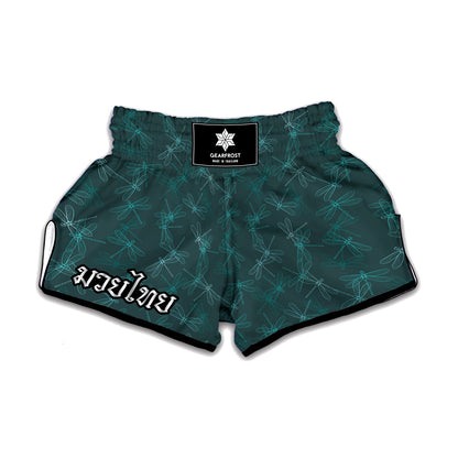 Turquoise Dragonfly Pattern Print Muay Thai Boxing Shorts