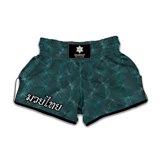 Turquoise Dragonfly Pattern Print Muay Thai Boxing Shorts