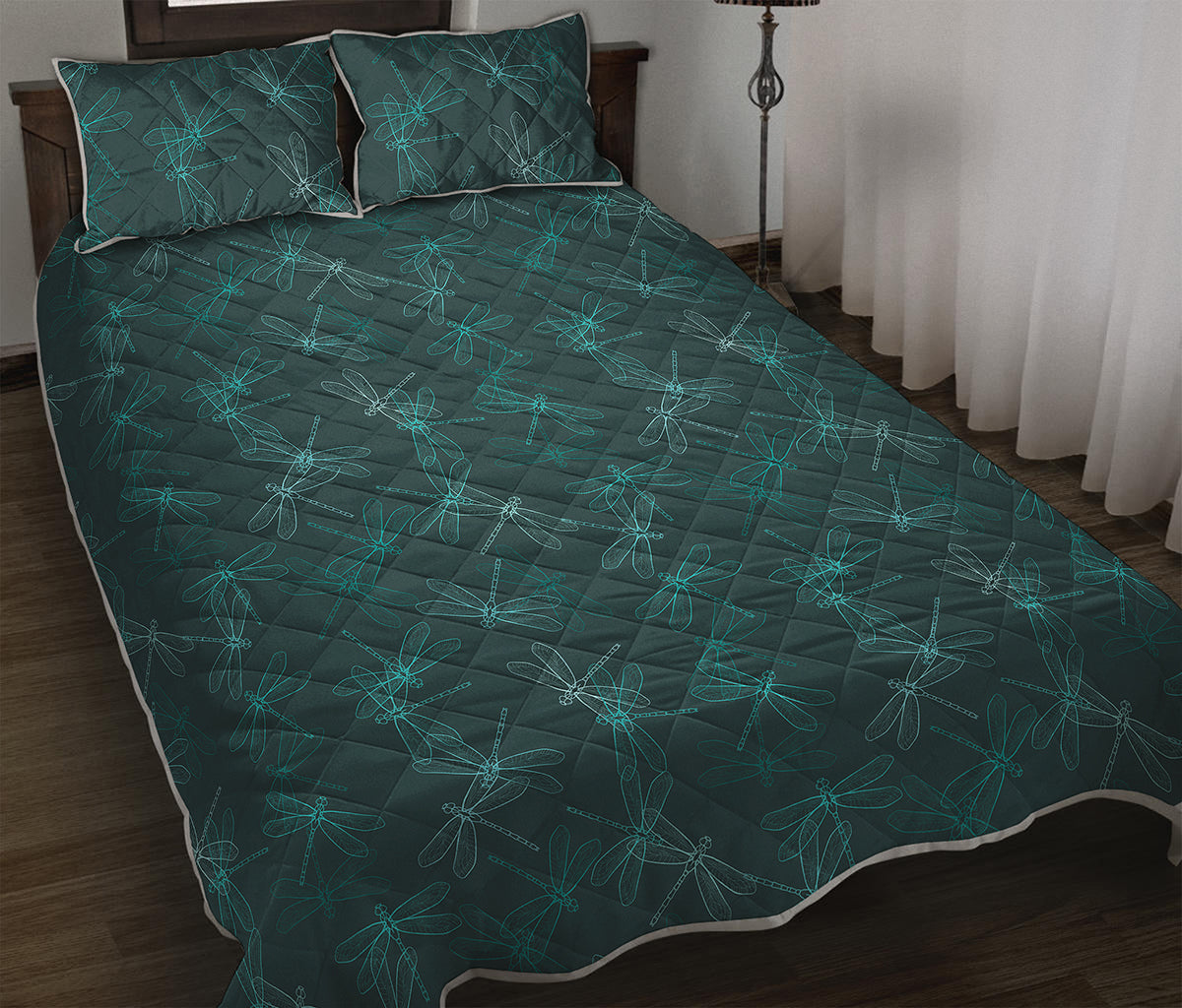 Turquoise Dragonfly Pattern Print Quilt Bed Set