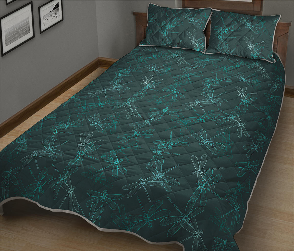 Turquoise Dragonfly Pattern Print Quilt Bed Set