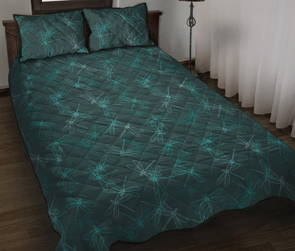 Turquoise Dragonfly Pattern Print Quilt Bed Set