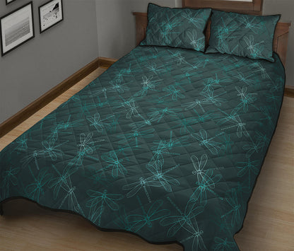 Turquoise Dragonfly Pattern Print Quilt Bed Set