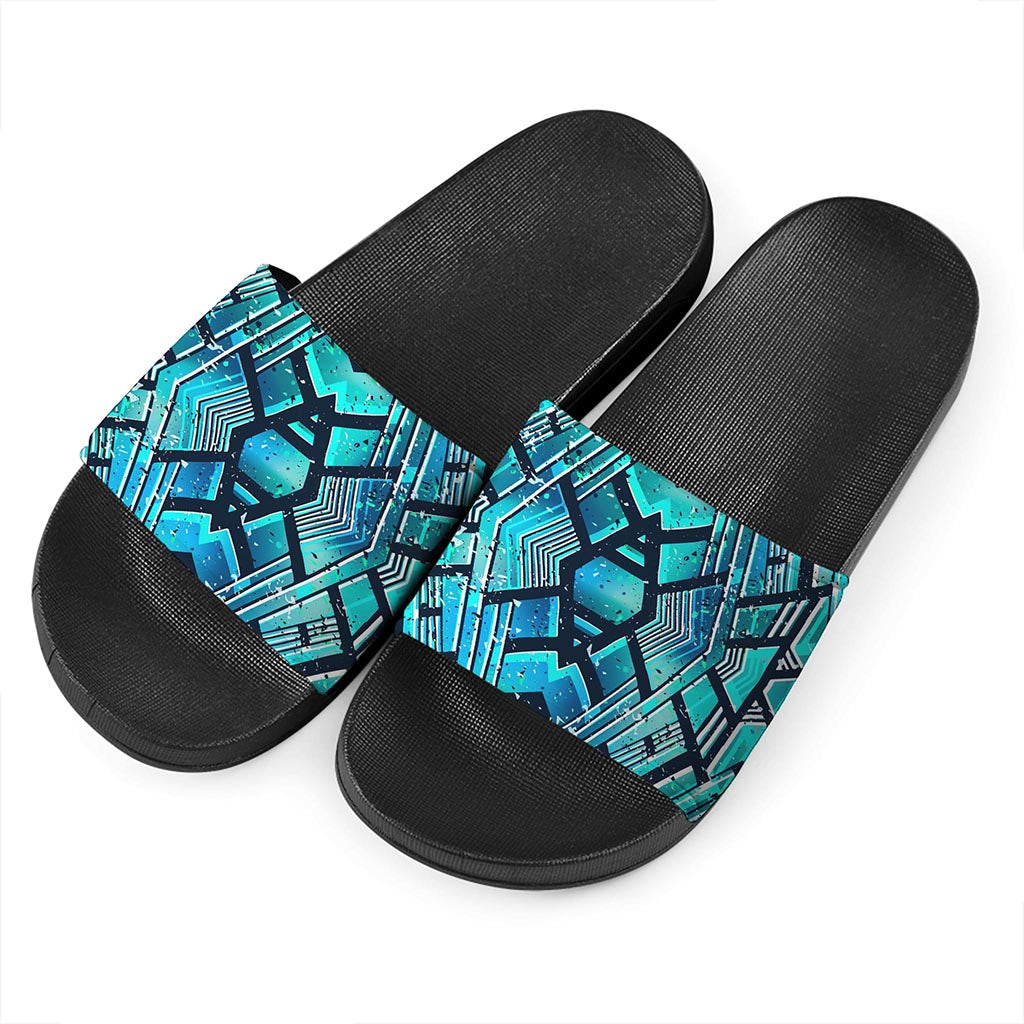 Turquoise Ethnic Aztec Trippy Print Black Slide Sandals