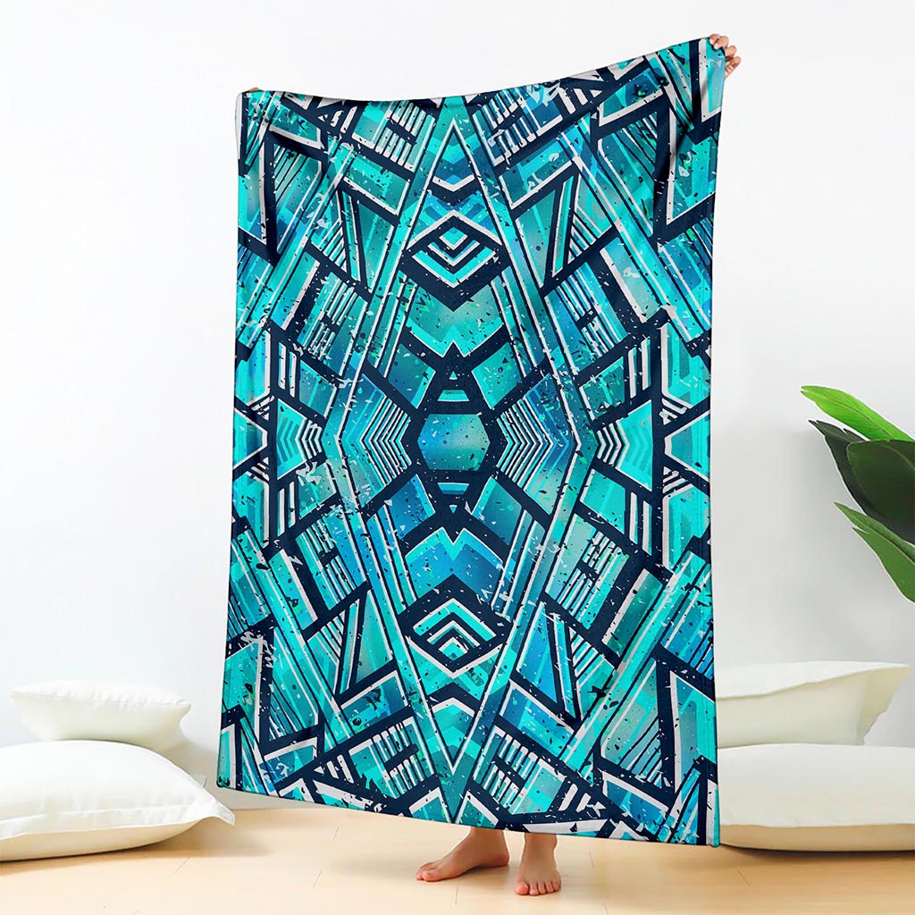 Turquoise Ethnic Aztec Trippy Print Blanket