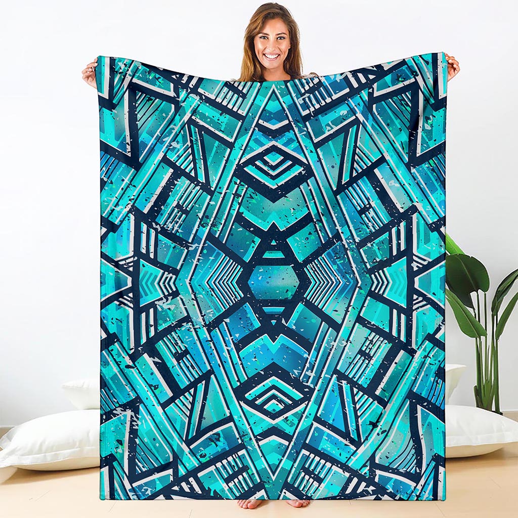 Turquoise Ethnic Aztec Trippy Print Blanket